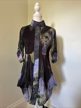 ELENA WANG Sheer Art to Wear Abstract Marbled Draped Pleated Tunic Top Medium